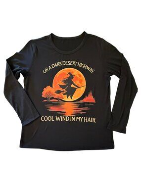 Witch Halloween Shirt Womens XL Dark Desert Highway Graphic Tee Long Sleeve Blac